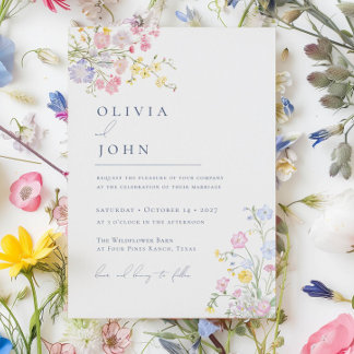 Lush Elegant Wildflowers Dusty Blue Wedding Invitation