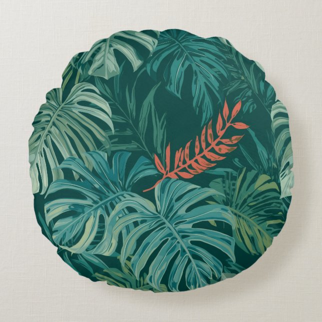 Lush Emerald Jungle Print Round Pillow (Front)