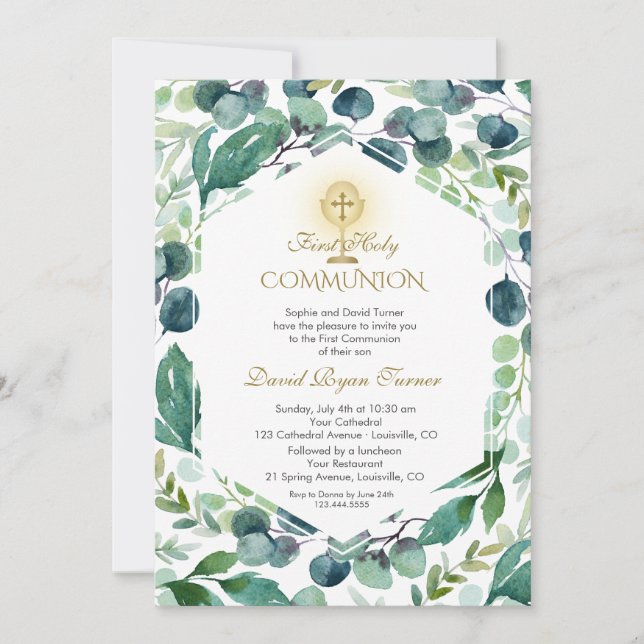 Lush Eucalyptus Foliage Gold Holy Communion Invitation (Front)