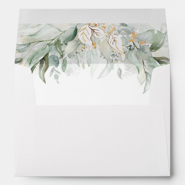 Lush Eucalyptus Greenery and Gold Leaves Delicate Envelope (Back (Bottom))