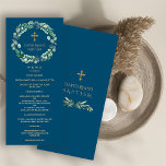 Lush Eucalyptus Greenery Wreath Gold Boy Baptism Menu<br><div class="desc">Lush Eucalyptus Greenery Wreath Gold Cross Baptism. This design features faux gold cross, chic Eucalyptus greenery foliage wreath, on ocean blue background, and modern fonts. Use Personalize tool to add your info and it's easy to replace this photo with yours. For matching items, please, visit my New Baptism Christening Celebration...</div>