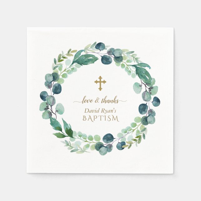 Lush Eucalyptus Greenery Wreath Gold Cross Baptism Napkin (Front)