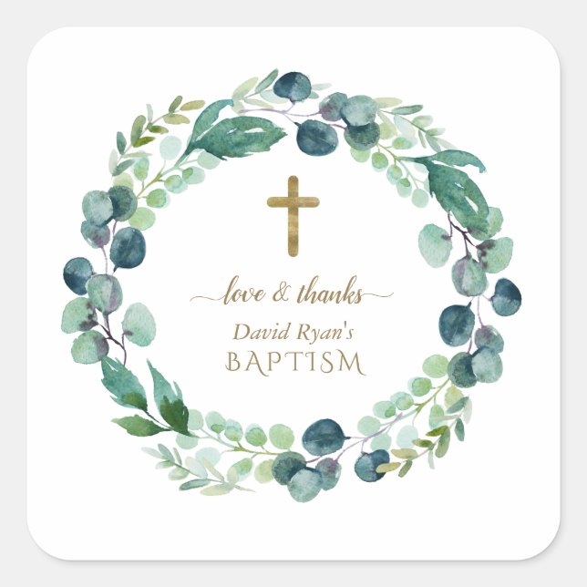Lush Eucalyptus Greenery Wreath Gold Cross Baptism Square Sticker (Front)