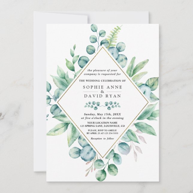 Lush Eucalyptus Leaves Diamond Gold Wedding Invitation (Front)