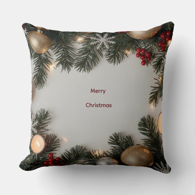 Lush Festive Pine & Gold Ornament Christmas Pillow (Front)