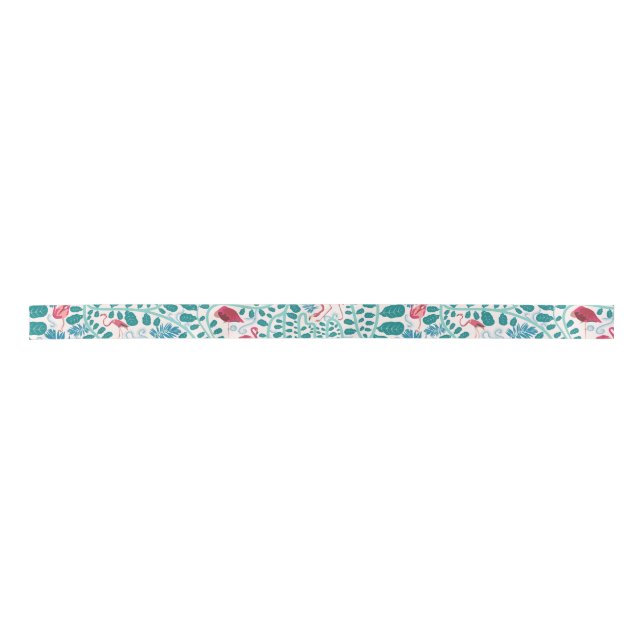 Lush Flamingo Jungle Pattern *Soft Breeze* Satin Ribbon (Front)