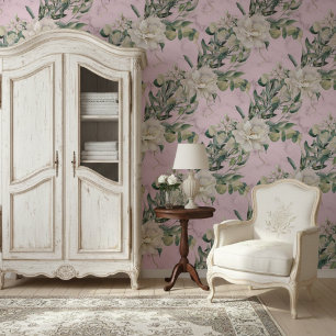 Lush Florals And Elegant Pink Marble Pattern Wallpaper