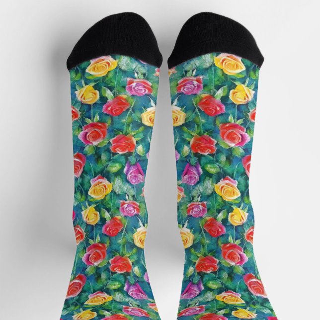 Lush flowers garden watercolor pattern socks (Top)
