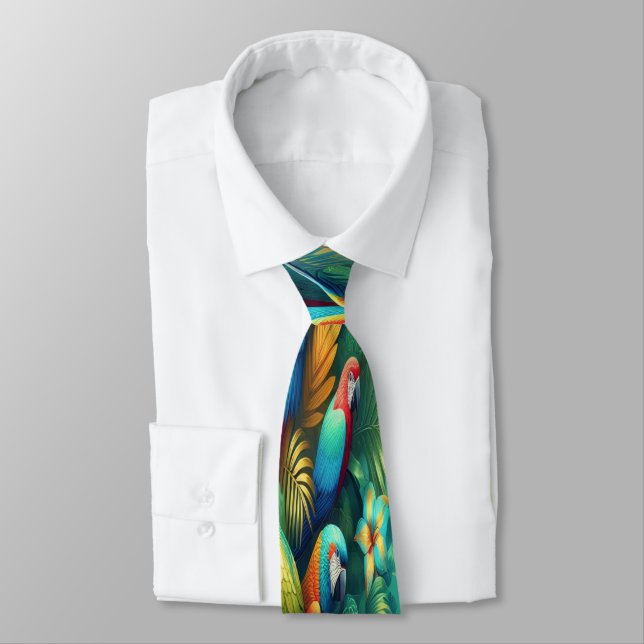Lush Foliage Filled With Tiny Parrots Tie (Tied)