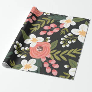 Lush Folksy Florals in Black and Pink Wrapping Paper