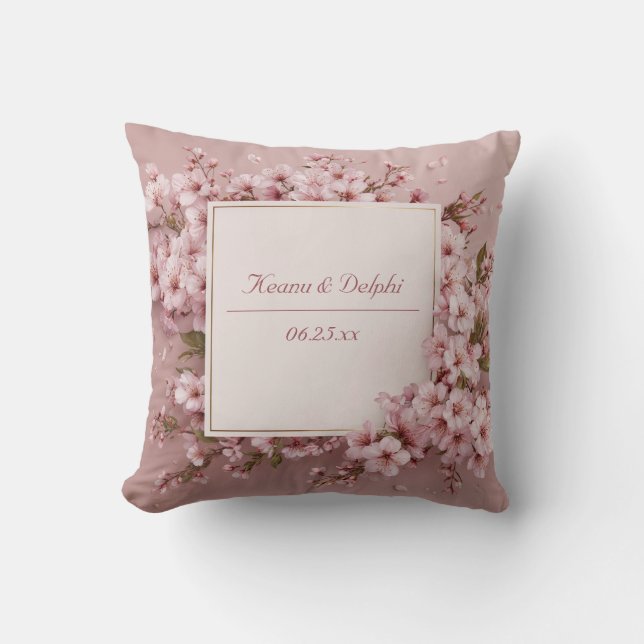 Lush Full Frame Pink Cherry Blossom Gold Border Throw Pillow (Front)