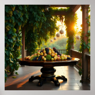 Lush Garden Scene With Ripe Apples And Grapes Poster