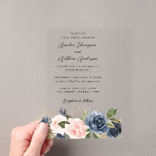 Lush Gold Navy Pink Floral Wedding Acrylic Invitations