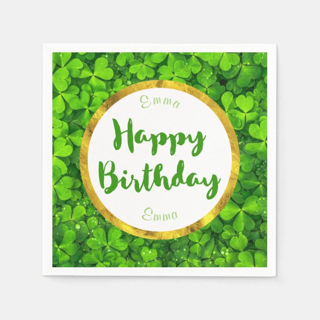 Lush Green Clovers with FAUX Gold Foil Birthday Napkin (Front)