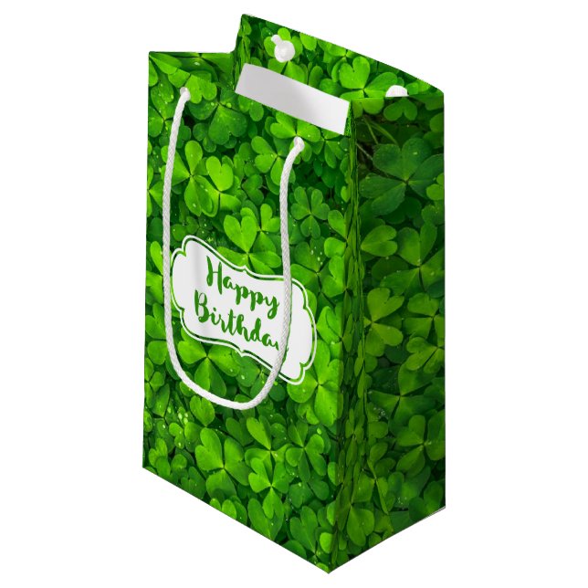Lush Green Clovers with Water Drops Birthday Small Gift Bag (Front Angled)