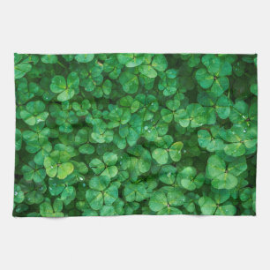 Lush Green Clovers with Water Drops Kitchen Towel