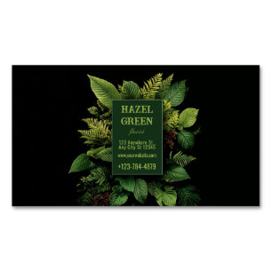 Lush Green Fern Foliage Black Modern Botanical Magnetic Business Card