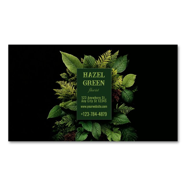 Lush Green Fern Foliage Black Modern Botanical Magnetic Business Card (Front)