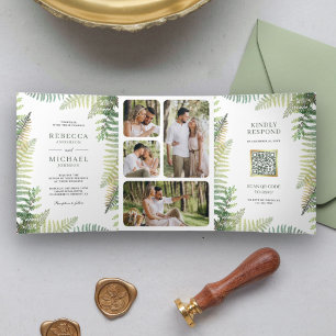 Lush Green Ferns Photo Collage QR Code Wedding Tri-Fold Invitation