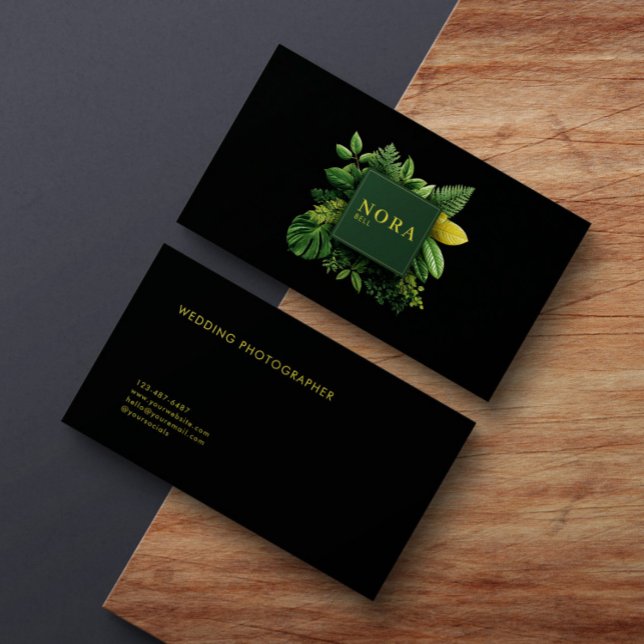 Lush Green Foliage Black Gold Frame Botanical Business Card (Creator Uploaded)