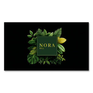 Lush Green Foliage Black Gold Frame Botanical Magnetic Business Card