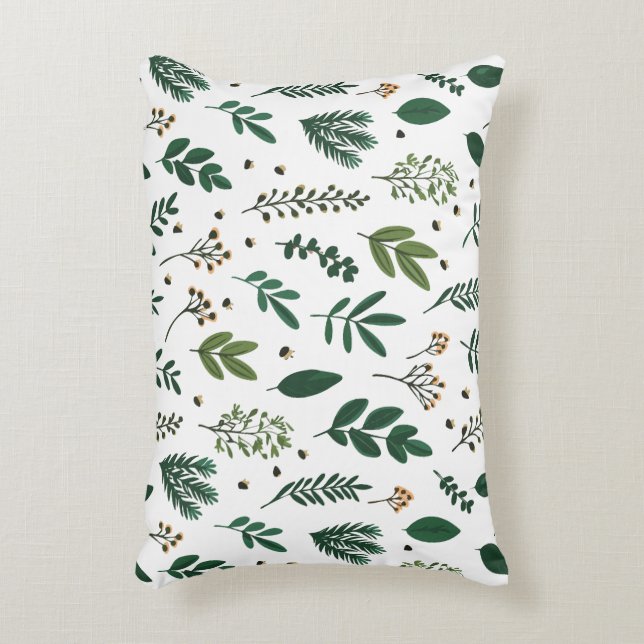 Lush Green Leaves And Flowers on White Accent Pillow (Front(Vertical))