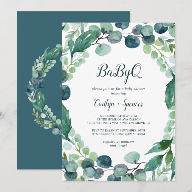 Lush Greenery and Eucalyptus BabyQ Invitation (Front/Back)