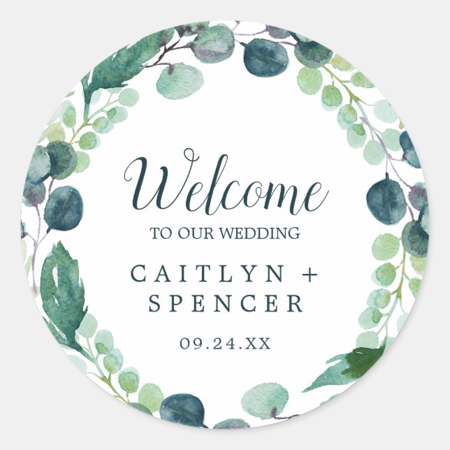 Lush Greenery and Eucalyptus Wedding Welcome Classic Round Sticker (Front)