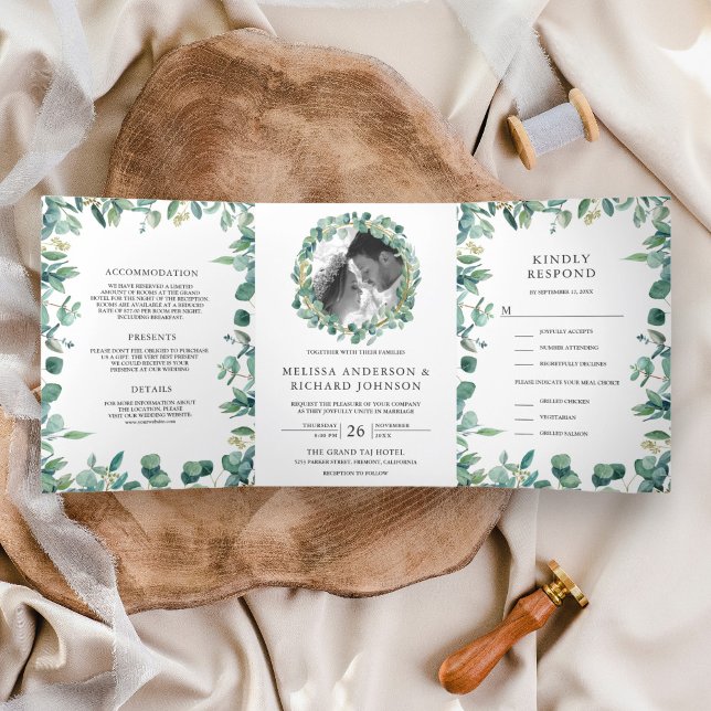 Lush Greenery Eucalyptus Leaves All in One Wedding Tri-Fold Invitation (Creator Uploaded)