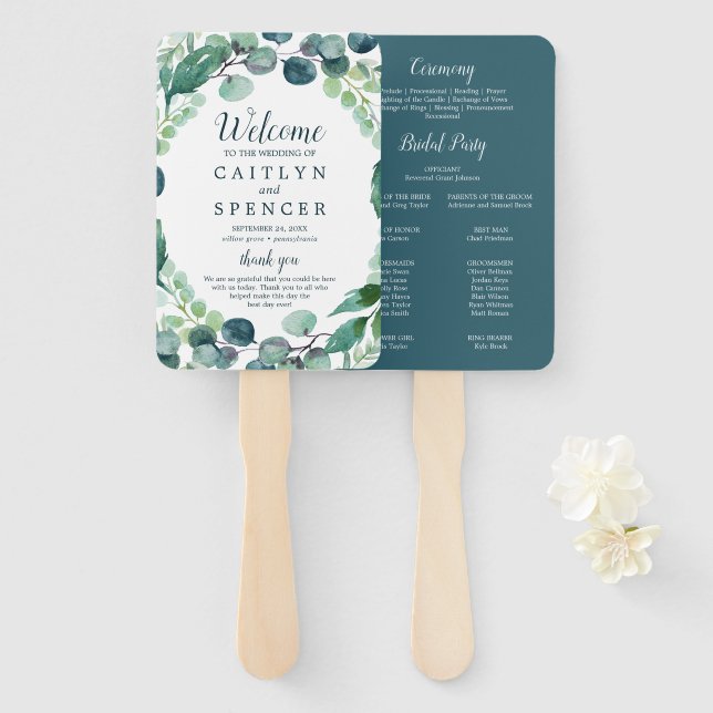 Lush Greenery & Eucalyptus Wedding Program Fan (Front and Back)