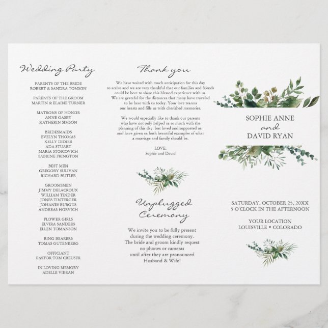 Lush Greenery Frame Tri+Fold Wedding Program (Front)