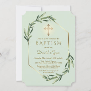 Lush Greenery Gold Cross Boy Baptism Invitation