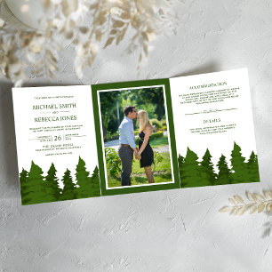 Lush Greenery Pine Trees Photo Forest Wedding Tri-Fold Invitation