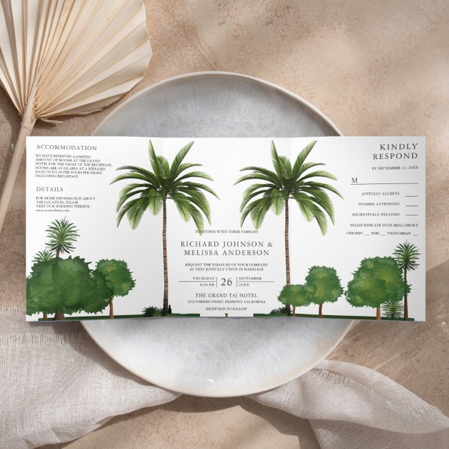 Lush Greenery Tropical Landscape Palm Tree Wedding Tri-Fold Invitation (Creator Uploaded)