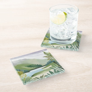 Lush Hillside Green Watercolor Nature Painting Glass Coaster