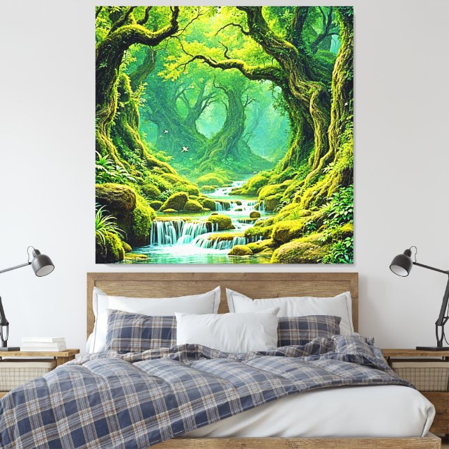 Lush Jungle Waterfall Bliss Canvas Print (Insitu(Bedroom))