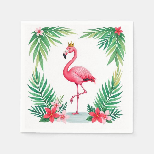 Lush Leafy | Elegant Pink Flamingo Crown Tropical Napkin (Front)