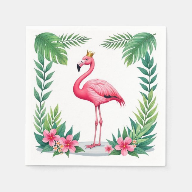 Lush Leafy | Elegant Pink Flamingo Crown Tropical Napkin (Front)