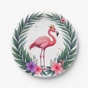 Lush Leafy Elegant Pink Flamingo Crown Tropical Paper Plate