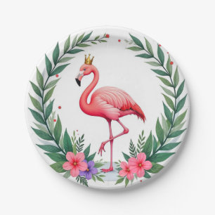 Lush Leafy Elegant Pink Flamingo Crown Tropical Paper Plate