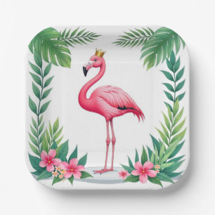 Lush Leafy Elegant Pink Flamingo Crown Tropical Paper Plate