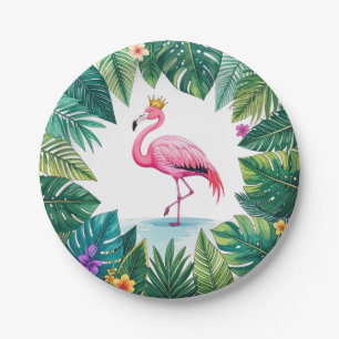 Lush Leafy Elegant Pink Flamingo Crown Tropical Paper Plate
