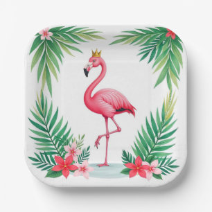 Lush Leafy Elegant Pink Flamingo Crown Tropical Paper Plate