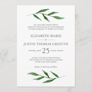 Lush Leaves Elegant Watercolor Wedding Invitation