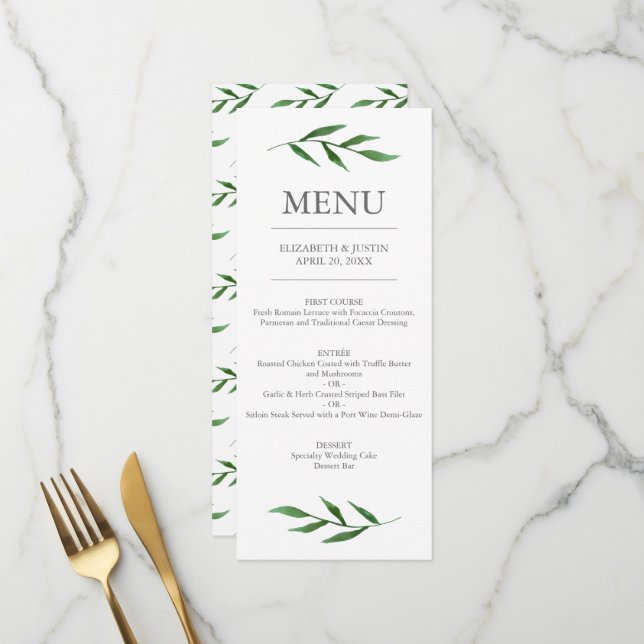Lush Leaves Elegant Watercolor Wedding Menu (Front/Back In Situ)