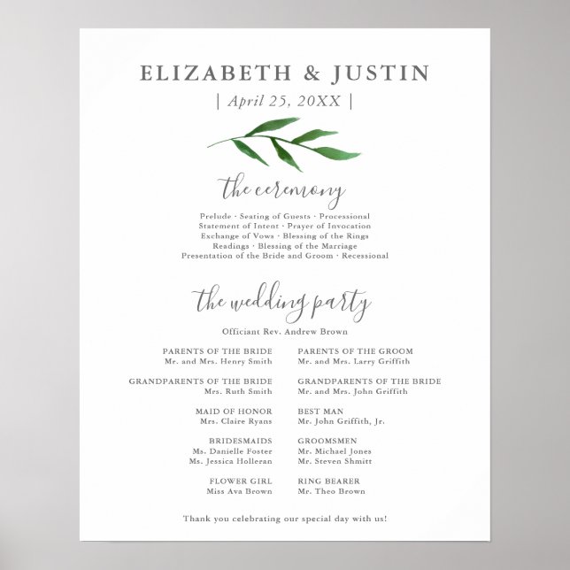 Lush Leaves Elegant Wedding Ceremony Program Sign (Front)