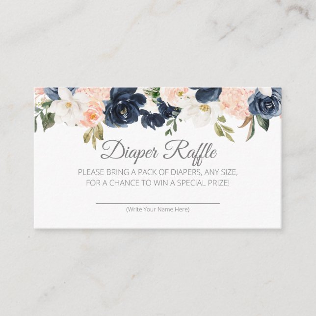 Lush Magnolia Floral Navy Blue Pink Diaper Raffle Enclosure Card (Front)
