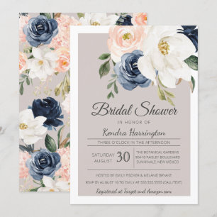 Lush Magnolia Rose Grey Navy & Blush Bridal Shower Invitation
