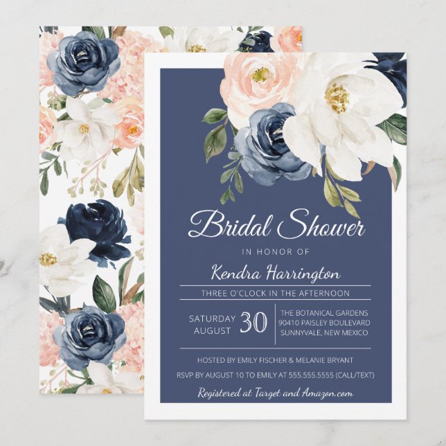 Lush Magnolia Rose Navy Blue & Blush Bridal Shower Invitation (Front/Back)