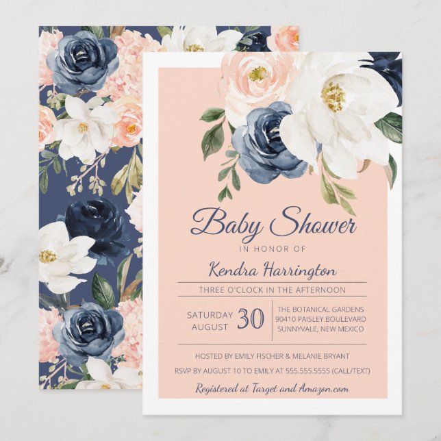 Lush Magnolia Rose Navy Blue Pink Baby Shower Invitation (Front/Back)